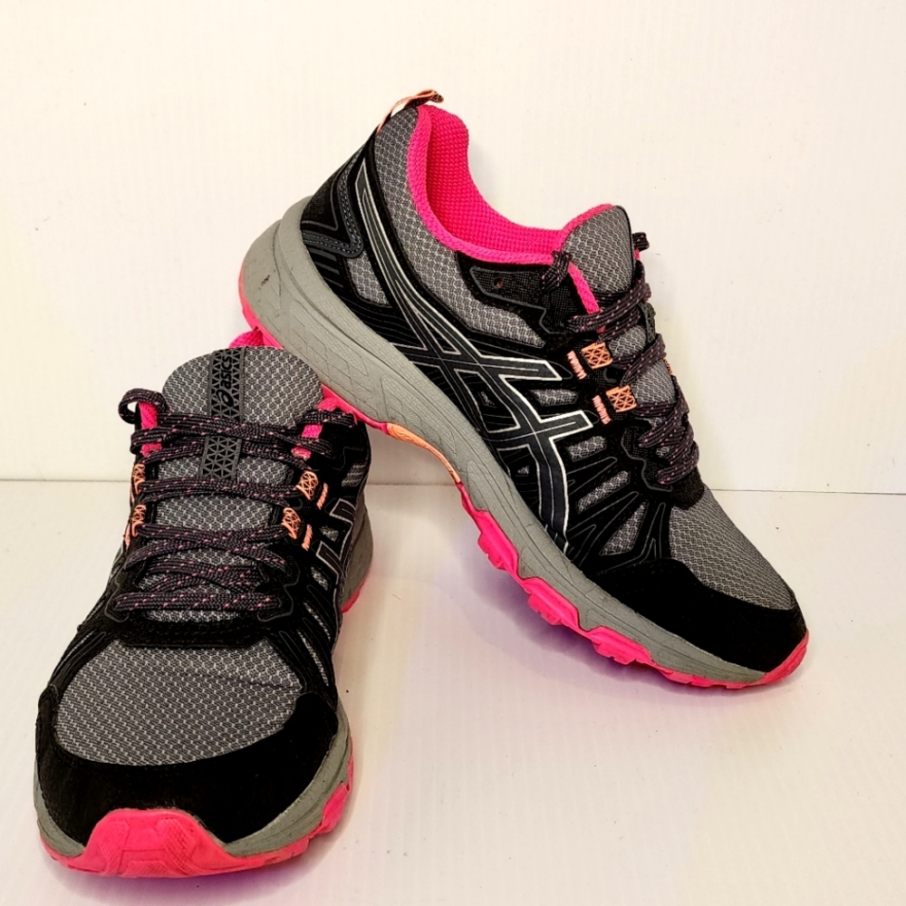 Asics Running Shoes. Size 6.5. Black Grey and Pink.